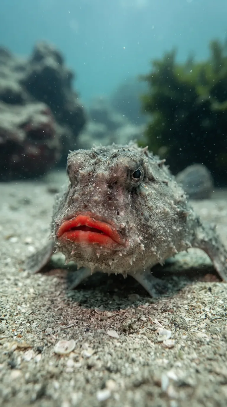 Peixe-morcego com lábios vermelho-vivo descansando no fundo arenoso do mar