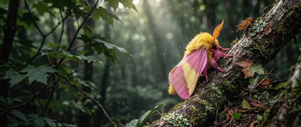 Pink and yellow rosy maple moth on a mossy branch in the forest