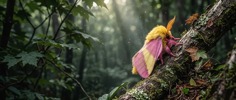 Mariposa-rosada rosa e amarela num galho com musgo na floresta