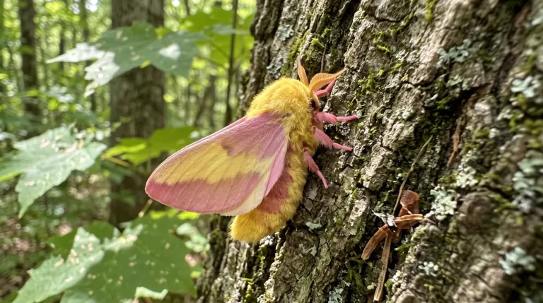 Mariposa-rosada com o corpo amarelo peludo e asas rosas descansando num tronco com líquen numa floresta