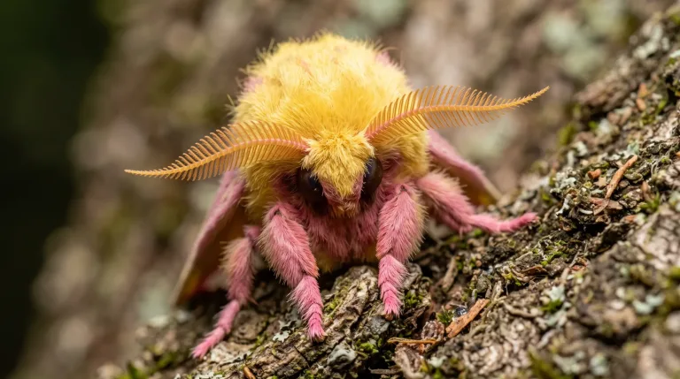 Mariposa-rosada com o corpo amarelo fofo, pernas rosas e antenas laranja plumosas descansando na casca da árvore