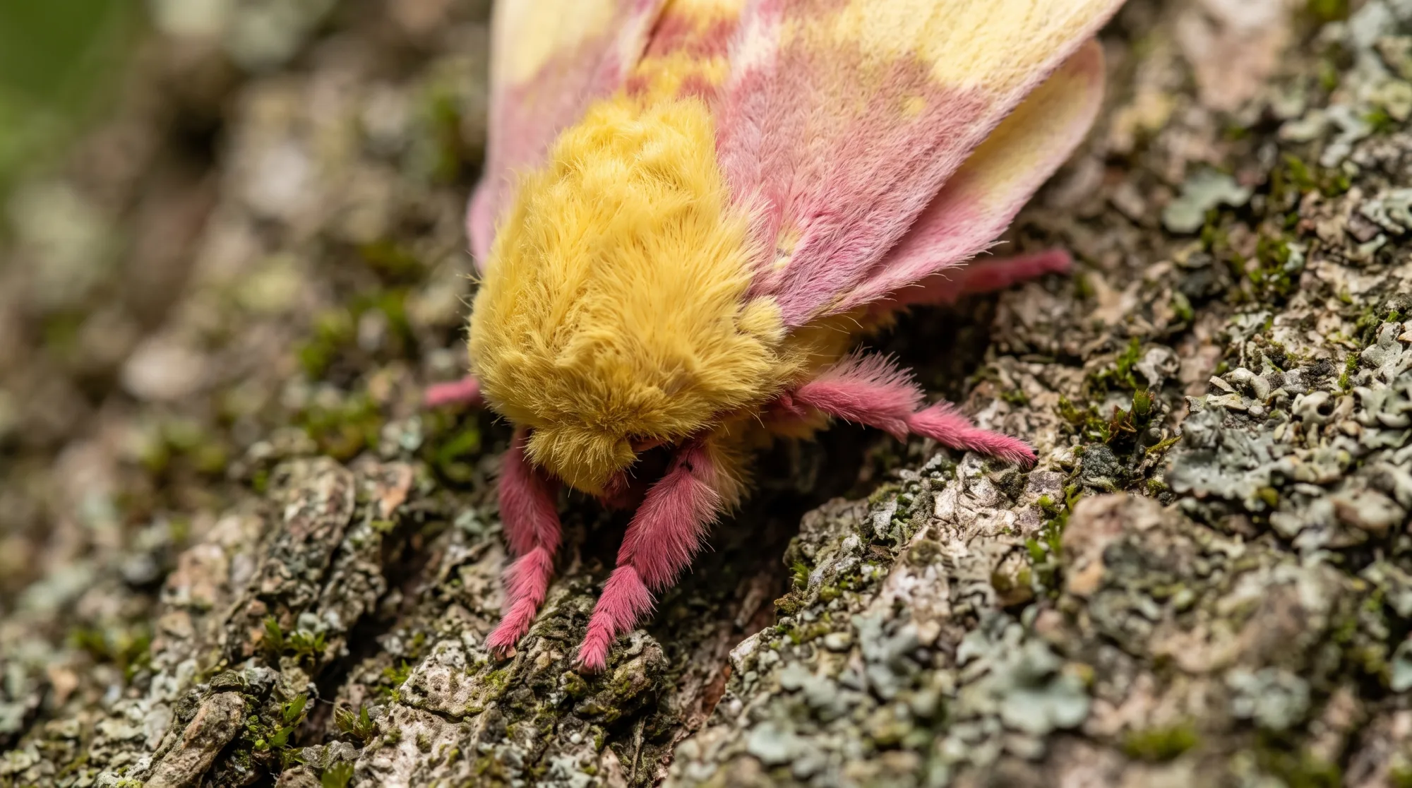 Mariposa-rosada com a cabeça amarela peluda e asas rosa e amarelas descansando na casca com líquen