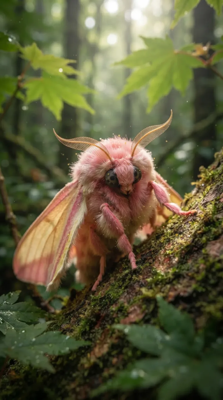 Fuzzy pink and yellow rosy maple moth resting on a mossy branch