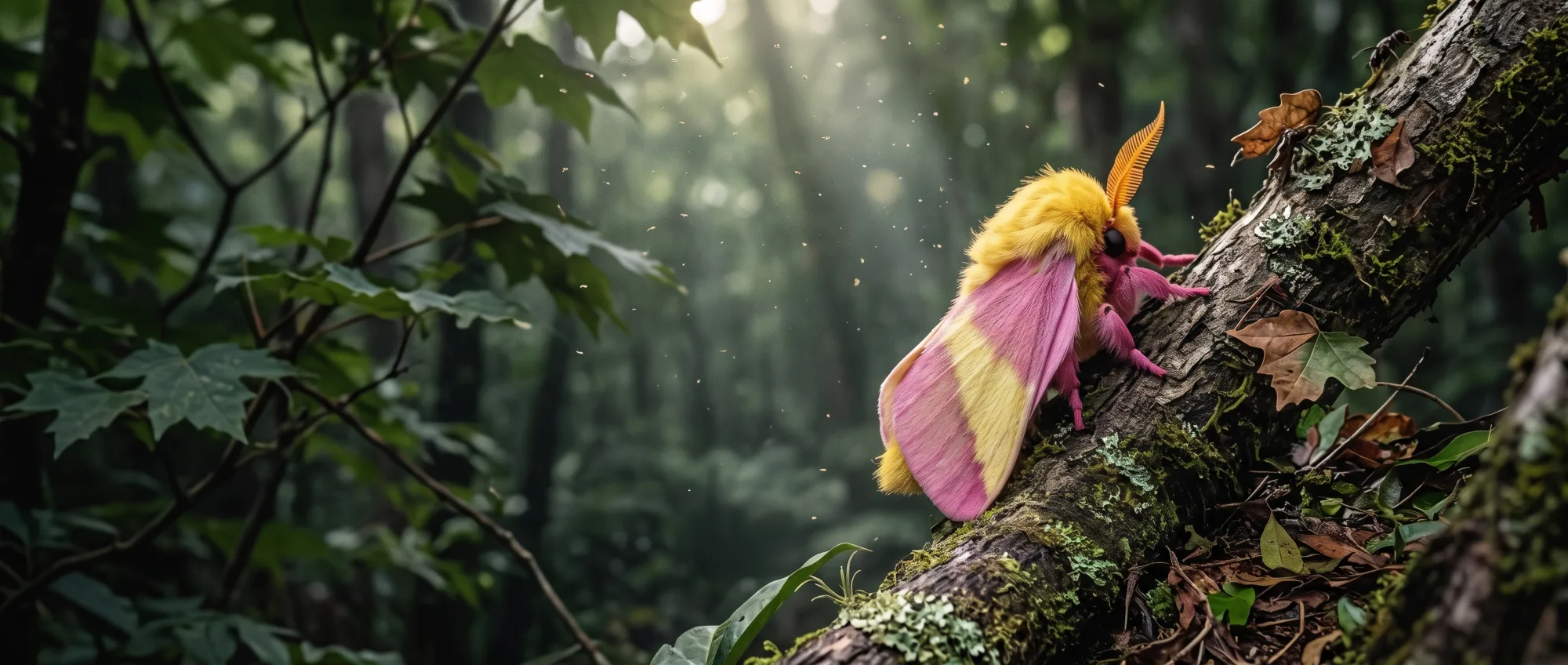 Mariposa-rosada rosa e amarela num galho com musgo na floresta