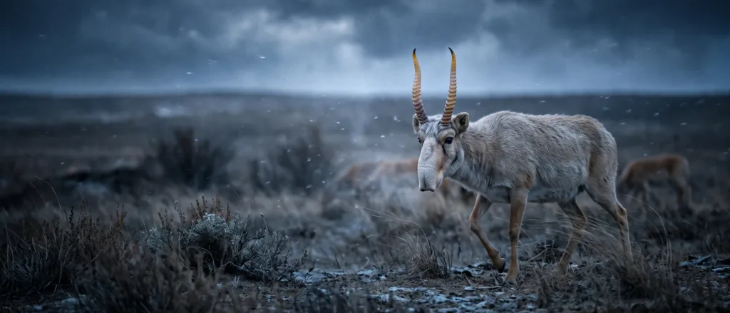 Saiga antelope with ridged horns standing on a frosty steppe under a stormy sky
