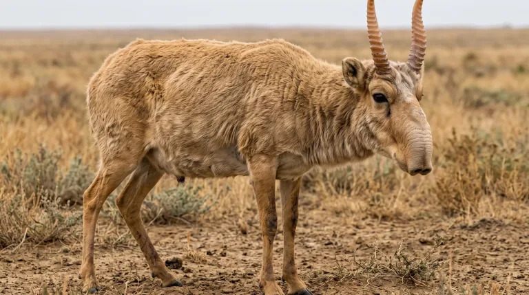 Antílope-saiga em pé na estepe seca, com o nariz inchado, chifres translúcidos anelados cor de âmbar e a pelagem clara e desgrenhada