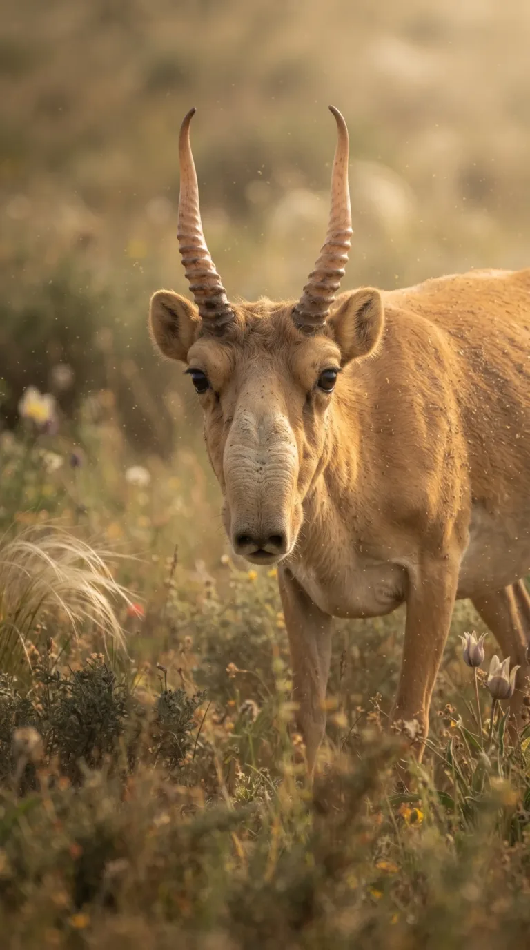 Antílope saiga con cuernos anillados y una gran nariz colgante entre la hierba dorada