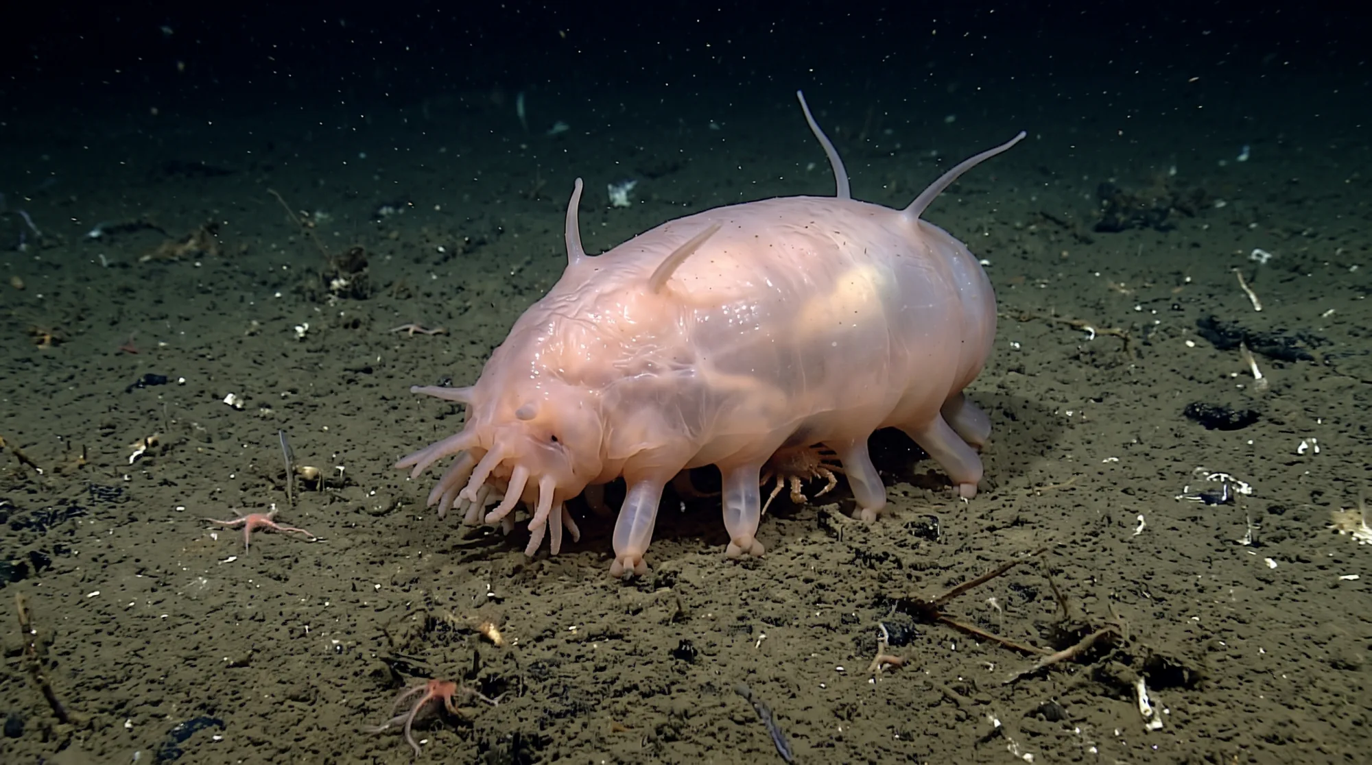 Cerdo de mar rosa pálido con patas cortas caminando por el fondo fangoso de las profundidades