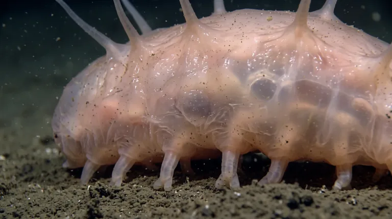 Primer plano del cuerpo rosa translúcido y los pies tubulares de un cerdo de mar