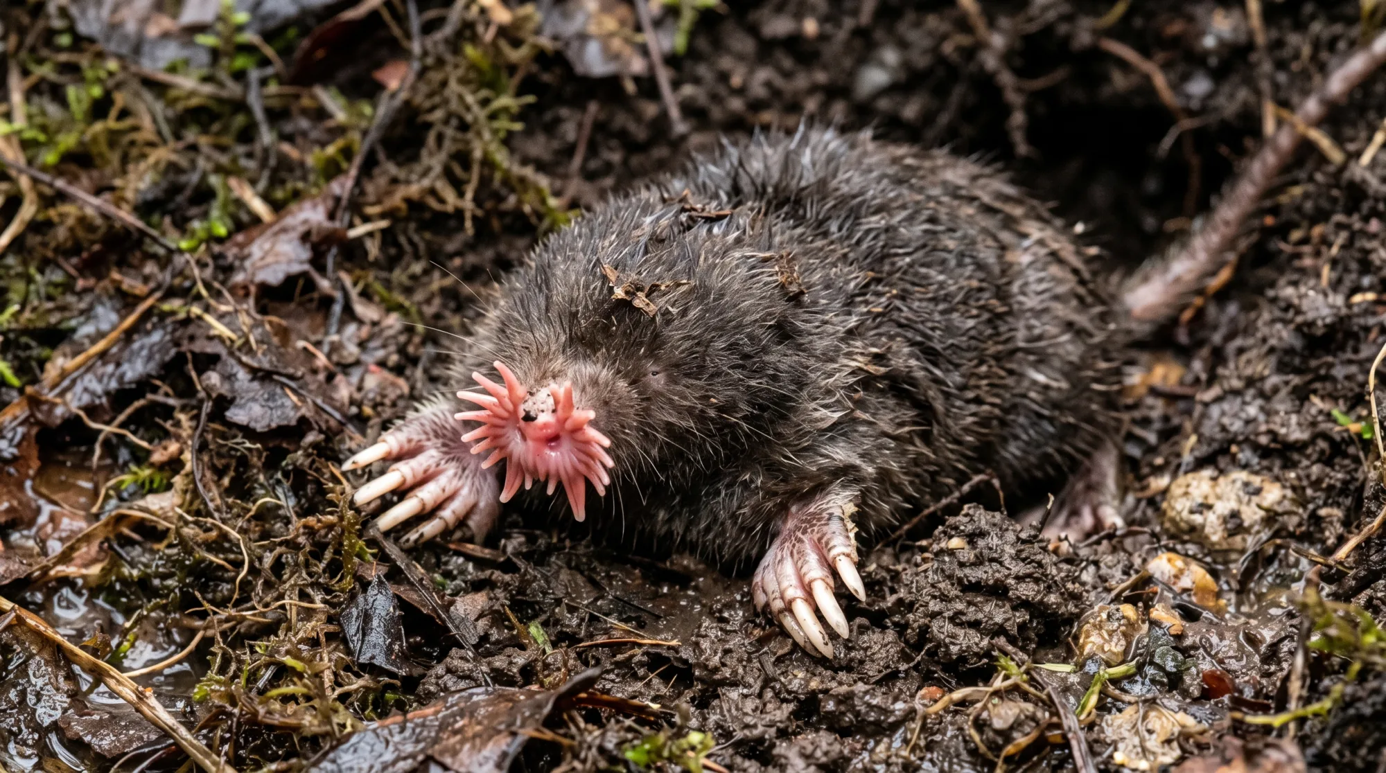 Toupeira-nariz-de-estrela rastejando pela terra escura e pelas folhas secas, com os tentáculos rosa do nariz em forma de estrela bem abertos e as grandes patas da frente com garras à mostra.