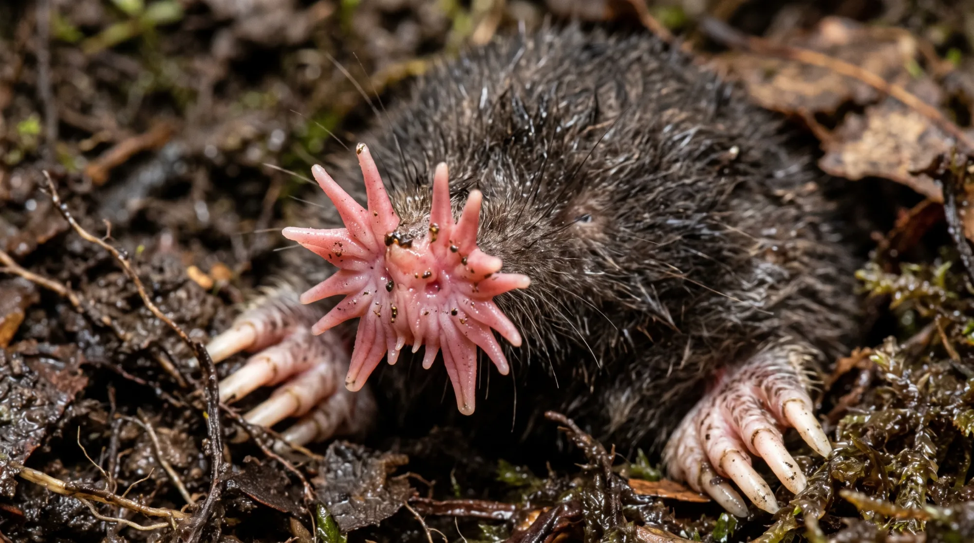 Toupeira-nariz-de-estrela mostrando o nariz rosa em forma de estrela e as garras grandes para cavar
