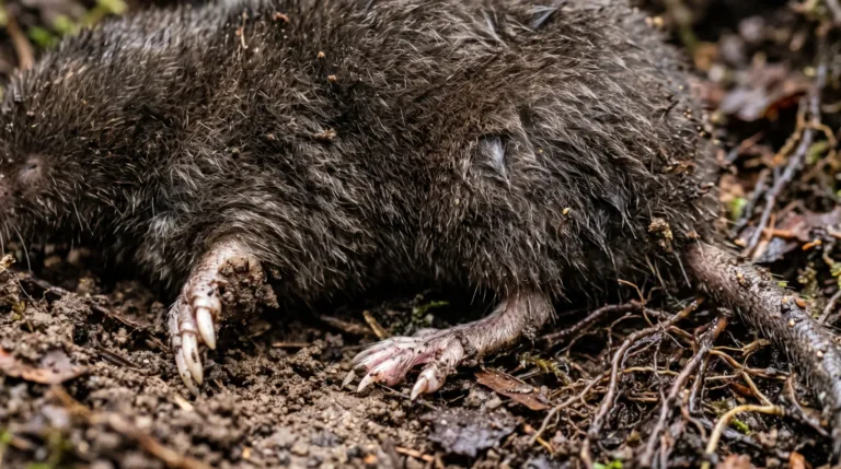 Toupeira-nariz-de-estrela de pelo escuro e garras grandes para cavar em solo úmido