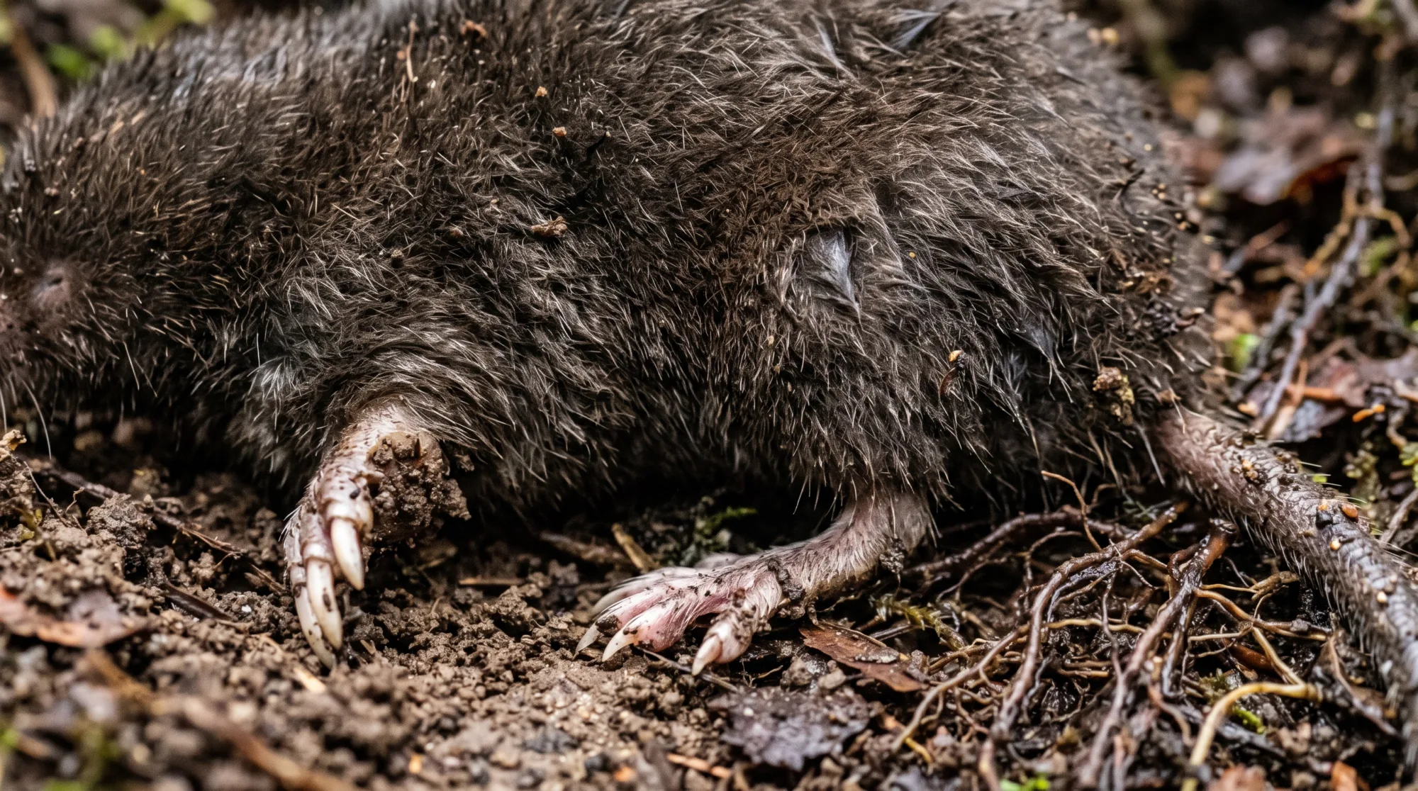 Toupeira-nariz-de-estrela de pelo escuro e garras grandes para cavar em solo úmido