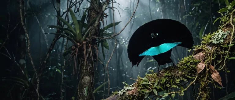 Ave del paraíso soberbia mostrando su exhibición negra y turquesa sobre una rama con musgo
