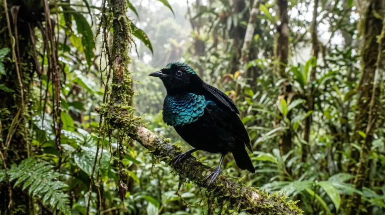Ave del paraíso soberbia posada en una rama con musgo en una selva brumosa, con plumas pectorales verde azuladas iridiscentes y el cuerpo negro