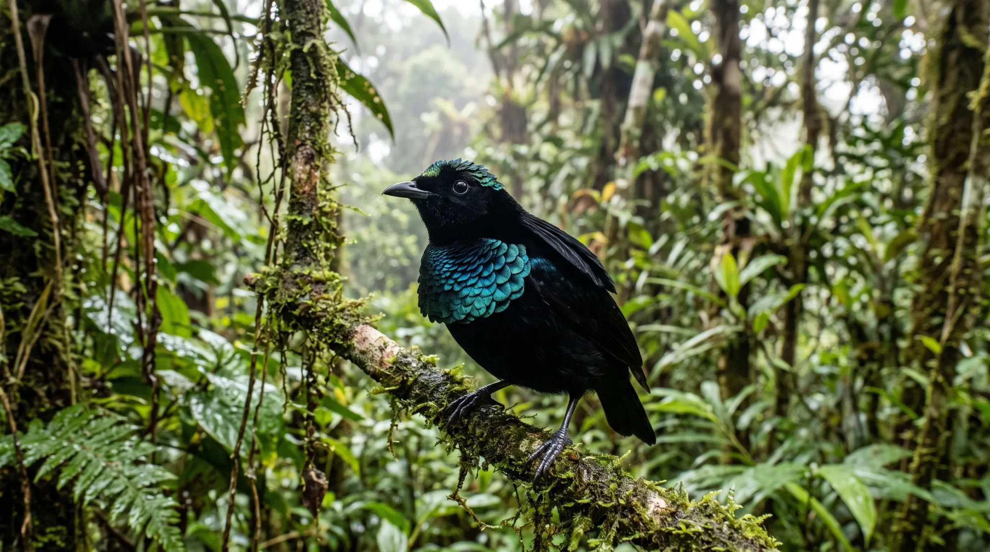 Ave del paraíso soberbia posada en una rama con musgo en una selva brumosa, con plumas pectorales verde azuladas iridiscentes y el cuerpo negro