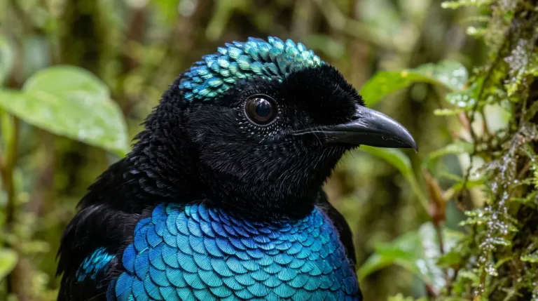 Primer plano de un ave del paraíso soberbia con la cabeza negra, plumas de la corona turquesa iridiscentes y el pecho azul brillante en un bosque con musgo