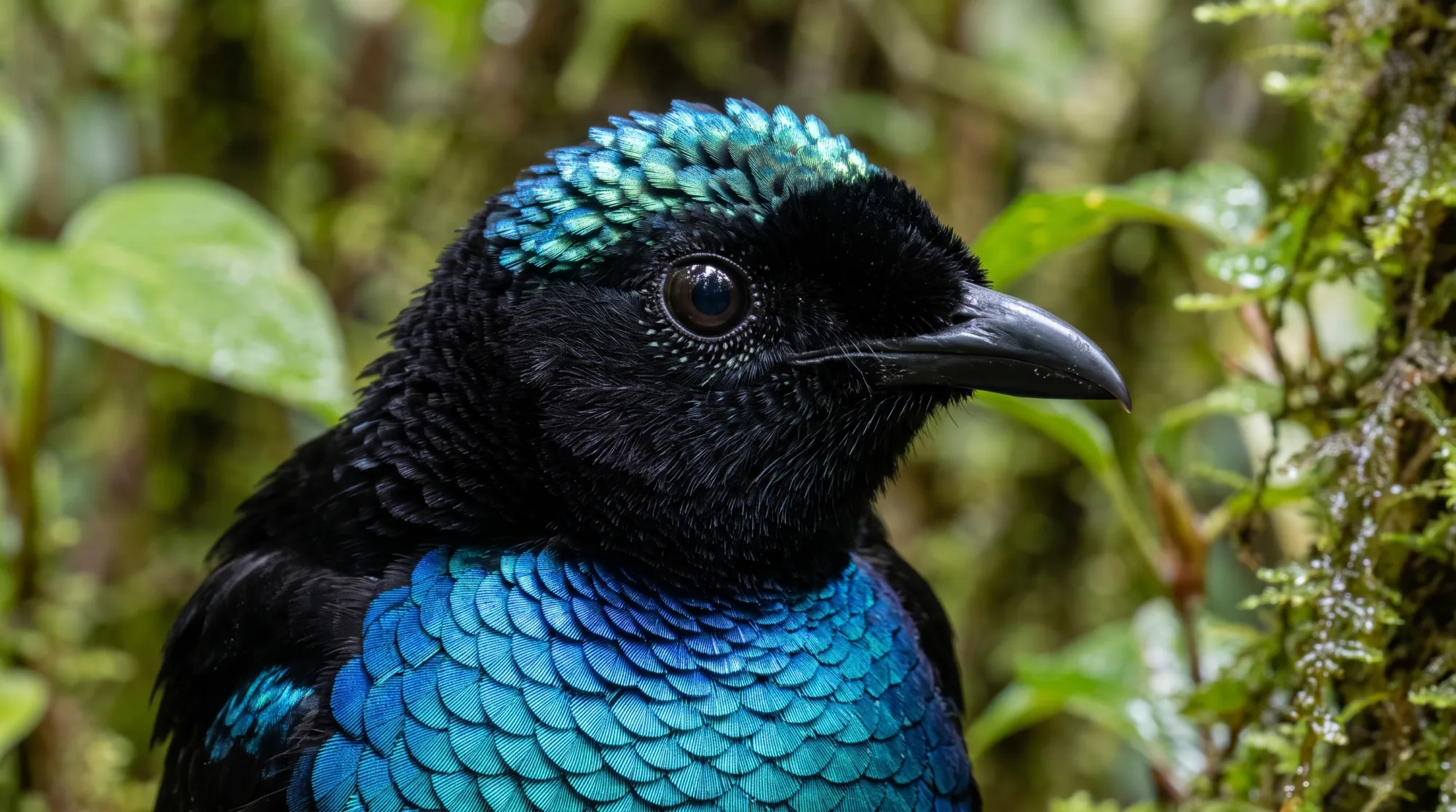 Primer plano de un ave del paraíso soberbia con la cabeza negra, plumas de la corona turquesa iridiscentes y el pecho azul brillante en un bosque con musgo