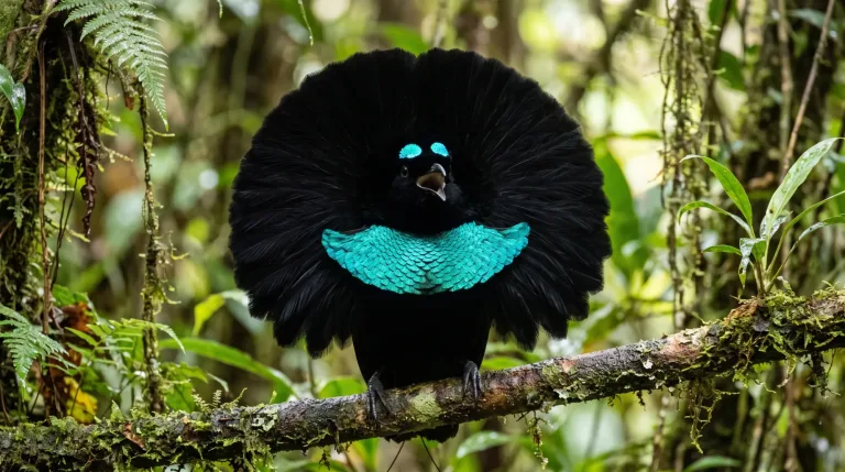 Macho de ave del paraíso soberbia con el plumaje negro desplegado en forma de cúpula y un escudo pectoral turquesa intenso, posado en una rama con musgo