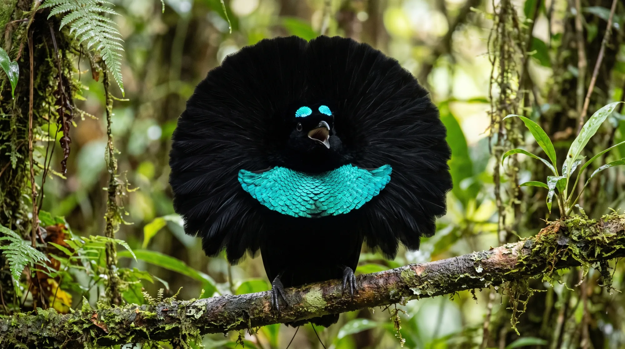 Macho de ave del paraíso soberbia con el plumaje negro desplegado en forma de cúpula y un escudo pectoral turquesa intenso, posado en una rama con musgo