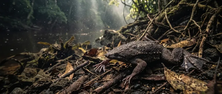 Flat, brown Surinam toad hidden among dead leaves and twigs
