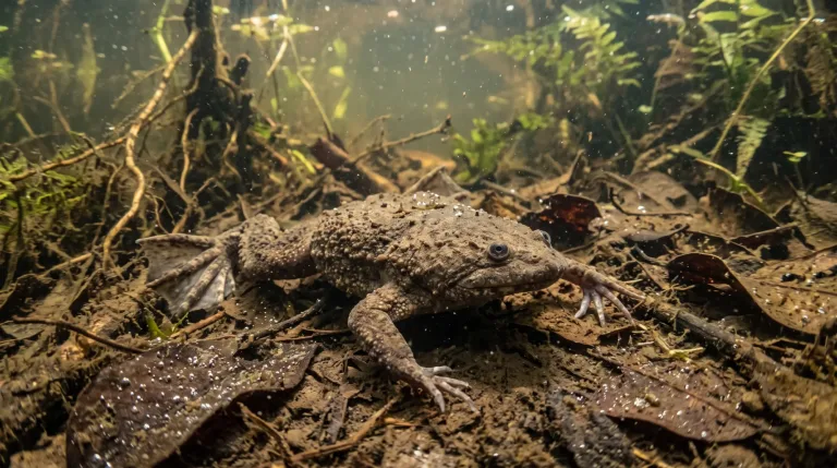 Surinam toad underwater with flattened, warty brown body and splayed webbed toes resting on muddy leaf litter among aquatic plants.