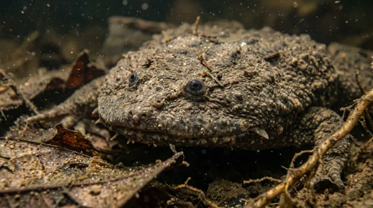 Surinam toad underwater on leaf litter, showing its warty brown skin, small bulging eyes and flattened body.
