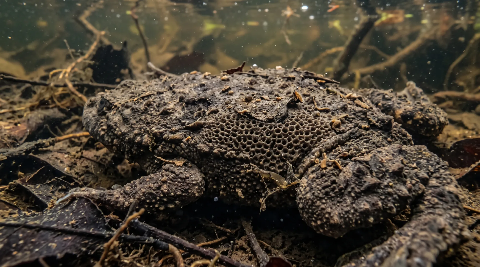 Surinam toad underwater with its distinctive honeycomb-patterned back and bumpy brown skin resting on leaf litter