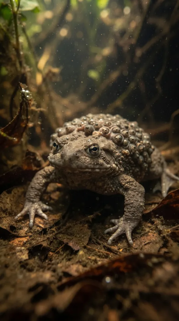 Flat, brown Surinam toad with bumpy skin on a muddy pond floor