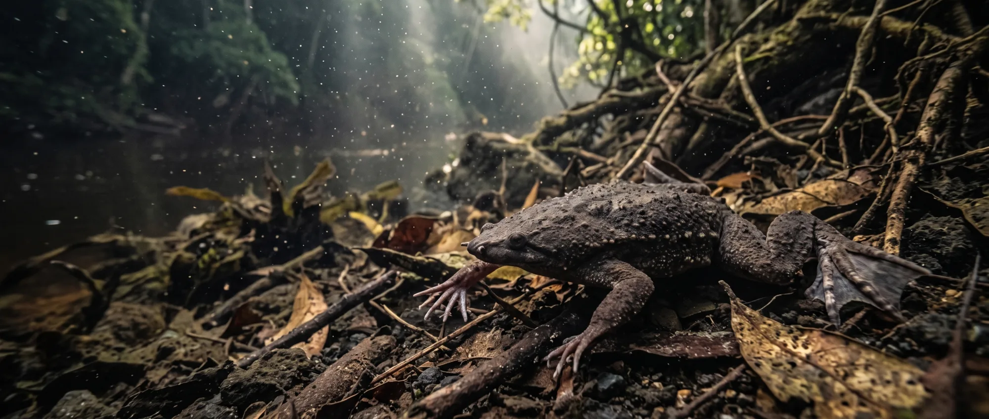 Sapo-do-suriname marrom e achatado escondido entre folhas secas e gravetos