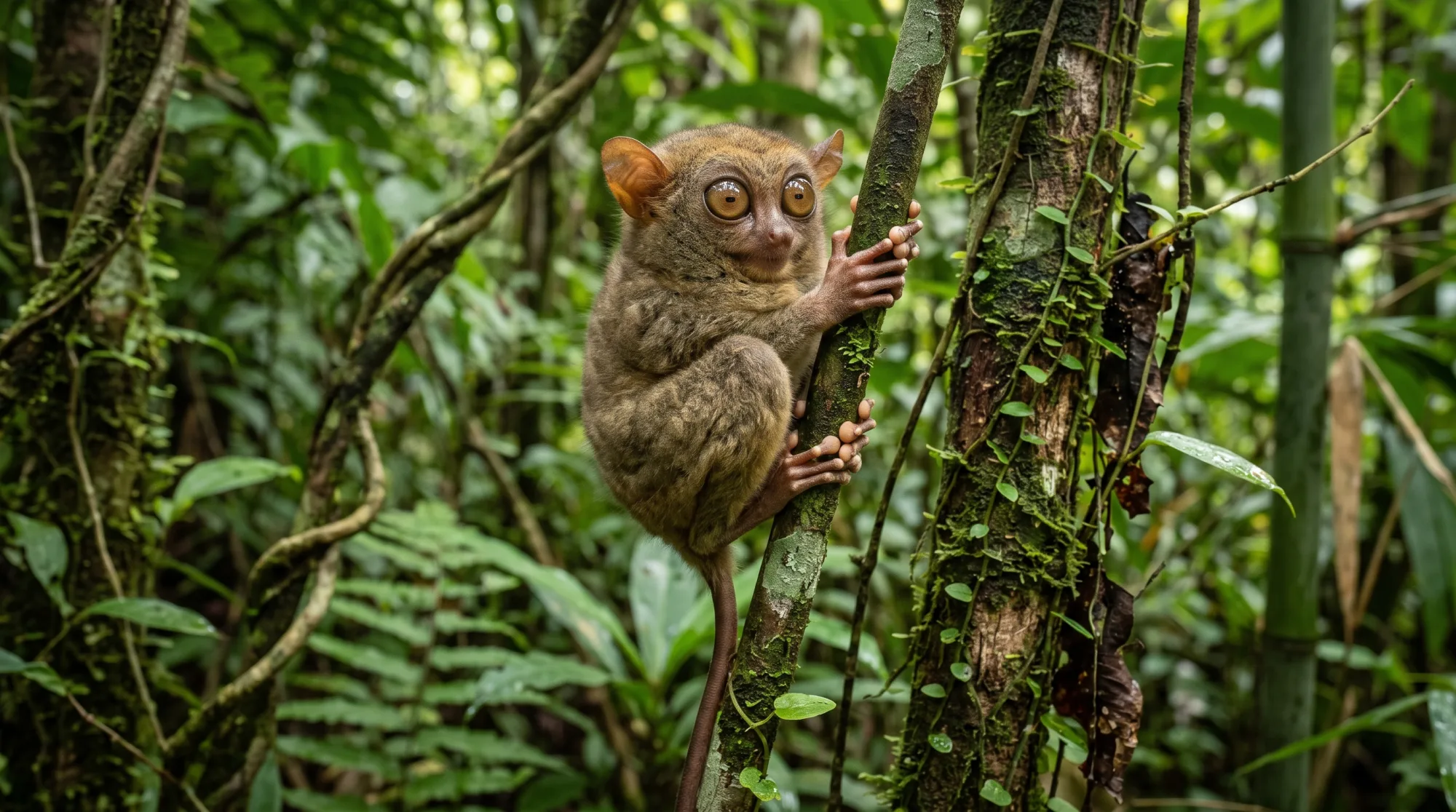 Tarsier with huge round eyes and large ears clinging to a moss-covered vine in a lush green rainforest.