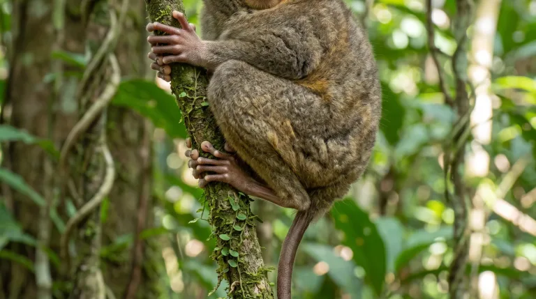 Tarsier clinging to a mossy vine trunk in a lush green forest, with large hands gripping the bark and a long tail hanging down.
