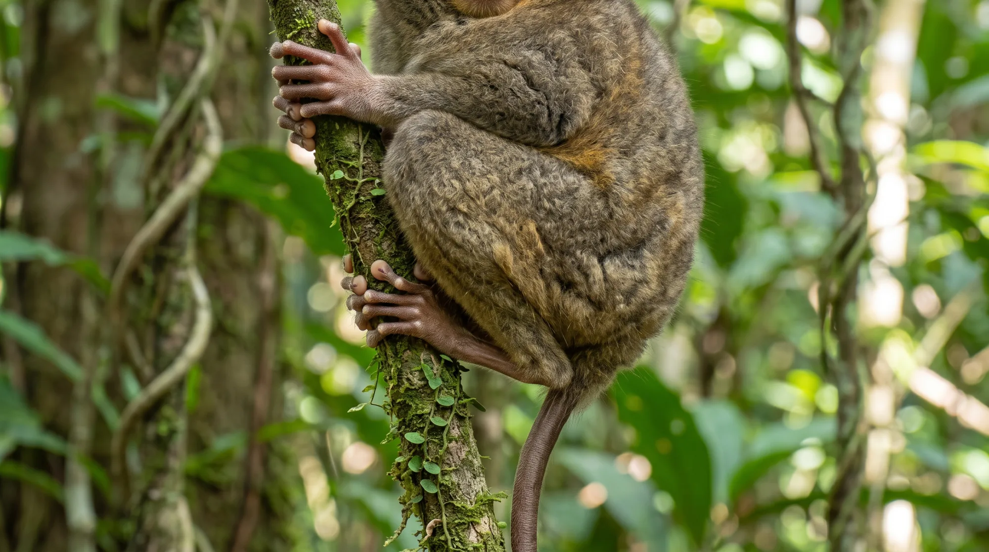 Tarsier clinging to a mossy vine trunk in a lush green forest, with large hands gripping the bark and a long tail hanging down.