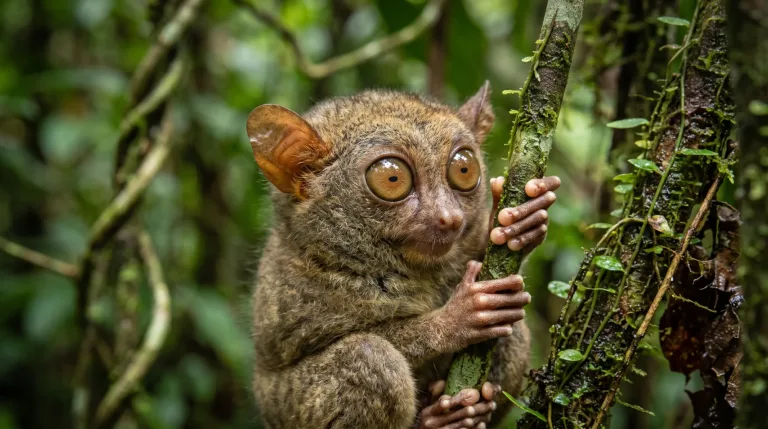 Tarsier with huge amber eyes and large ears clinging to a mossy branch in a green rainforest