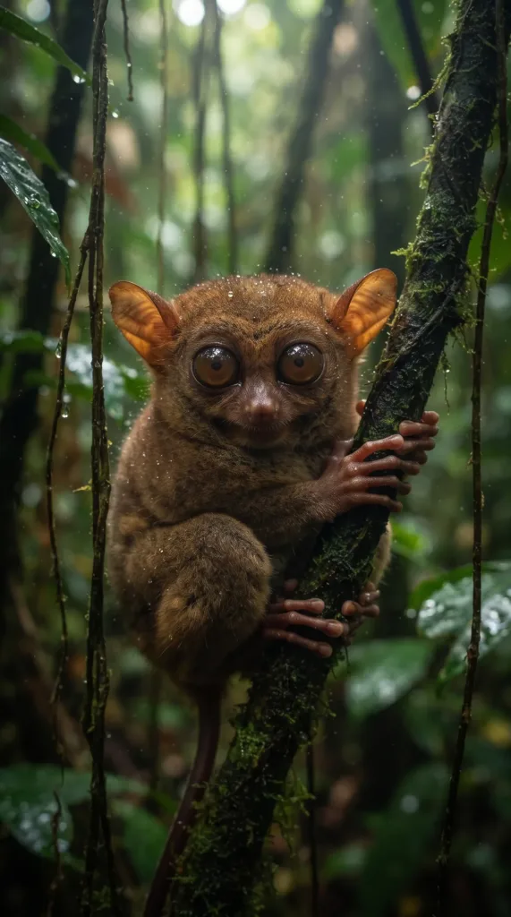 Tarsier with enormous round eyes clinging to a thin tree trunk