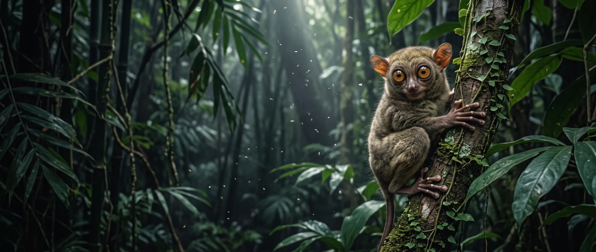 Tarsero de ojos enormes agarrado a una rama en la selva