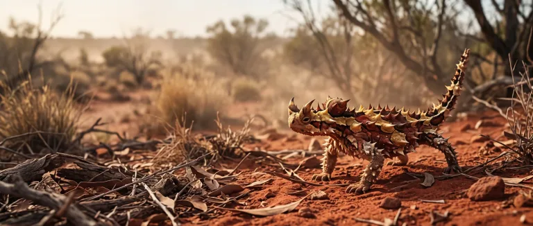 Spiky thorny devil lizard walking on red desert sand