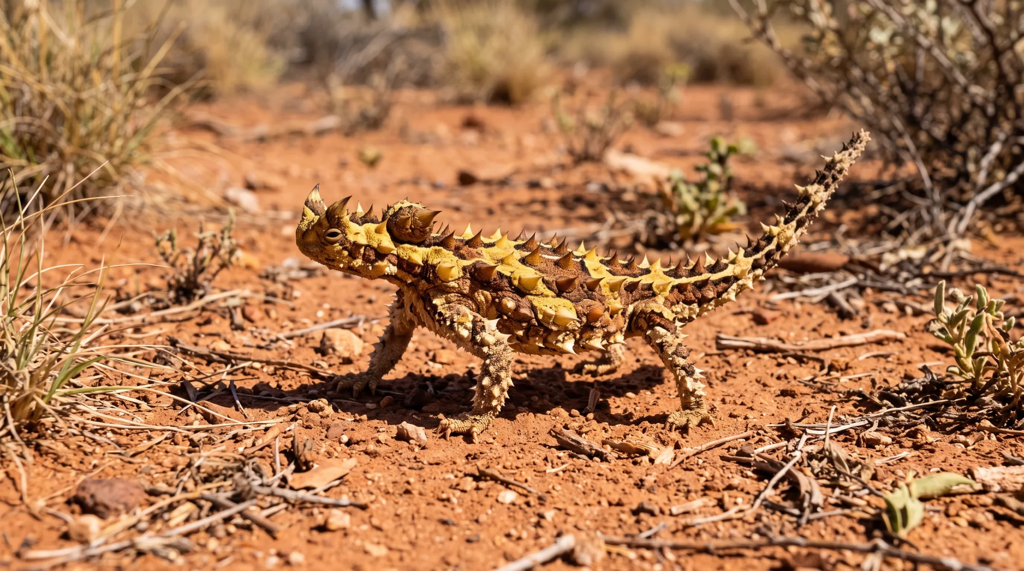 Thorny devil lizard with spiky yellow and brown body walking across red desert sand among dry scrub