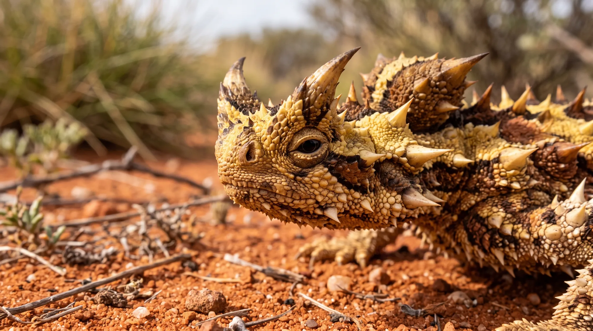 Thorny devil lizard with spiky yellow and brown scales and horn-like spines on its head, sitting on red desert sand.