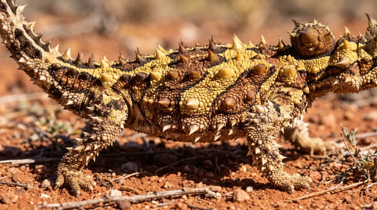 Thorny devil lizard covered in spiky scales and horns walking across red sandy ground
