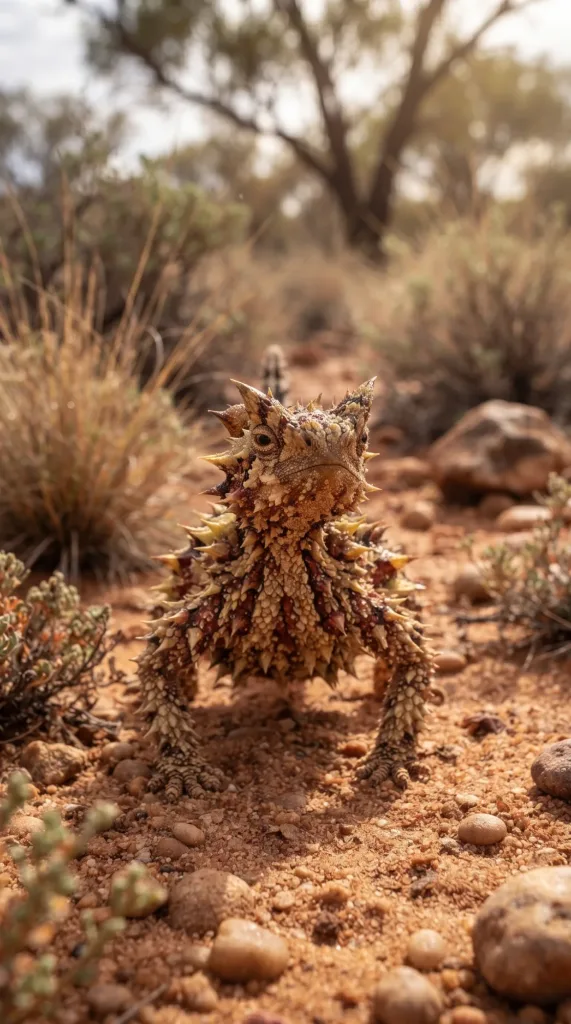 Thorny devil lizard covered in sandy-colored spikes on red desert soil
