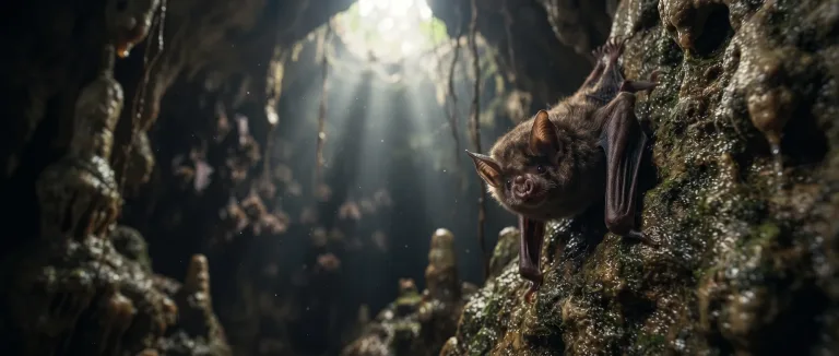 Morcego-vampiro pendurado numa caverna iluminada por um facho de luz