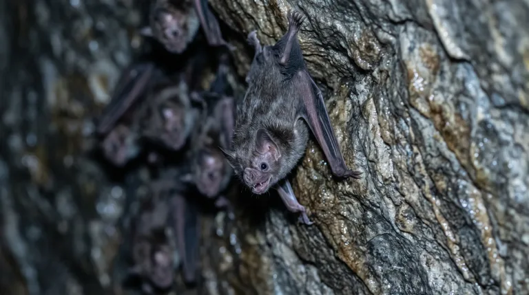 Morcego-vampiro agarrado a uma rocha áspera com as asas dobradas e a boca aberta, com outros morcegos desfocados ao fundo