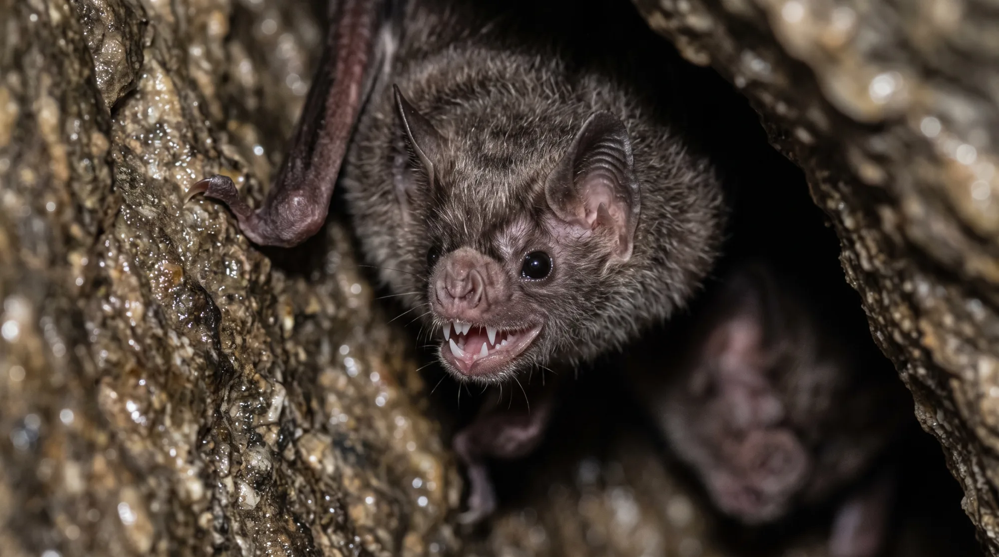 Morcego-vampiro mostrando os dentes agarrado a uma fenda molhada da rocha, com os olhos pequenos e a cara peluda
