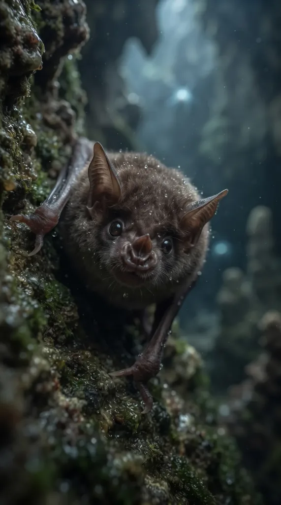 Morcego-vampiro escuro de dentes afiados agarrado a uma rocha com musgo numa caverna