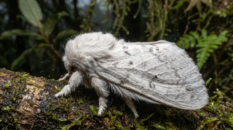Mariposa-poodle venezuelana branca e fofa com antenas plumosas num galho com musgo
