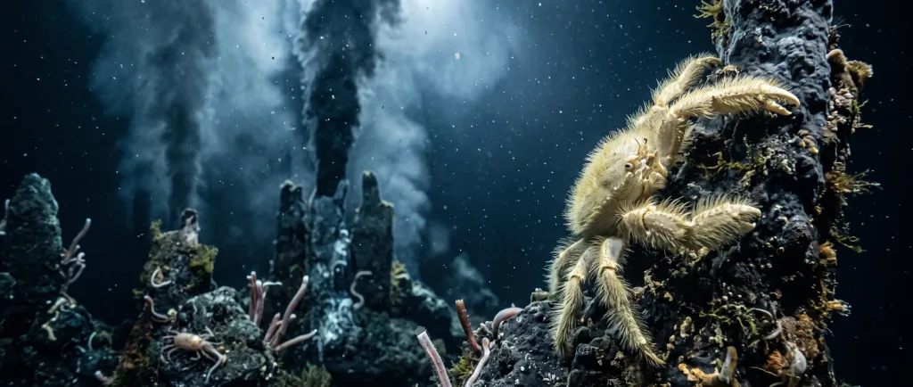Pale, hairy yeti crab clinging to a smoking hydrothermal vent in the deep sea