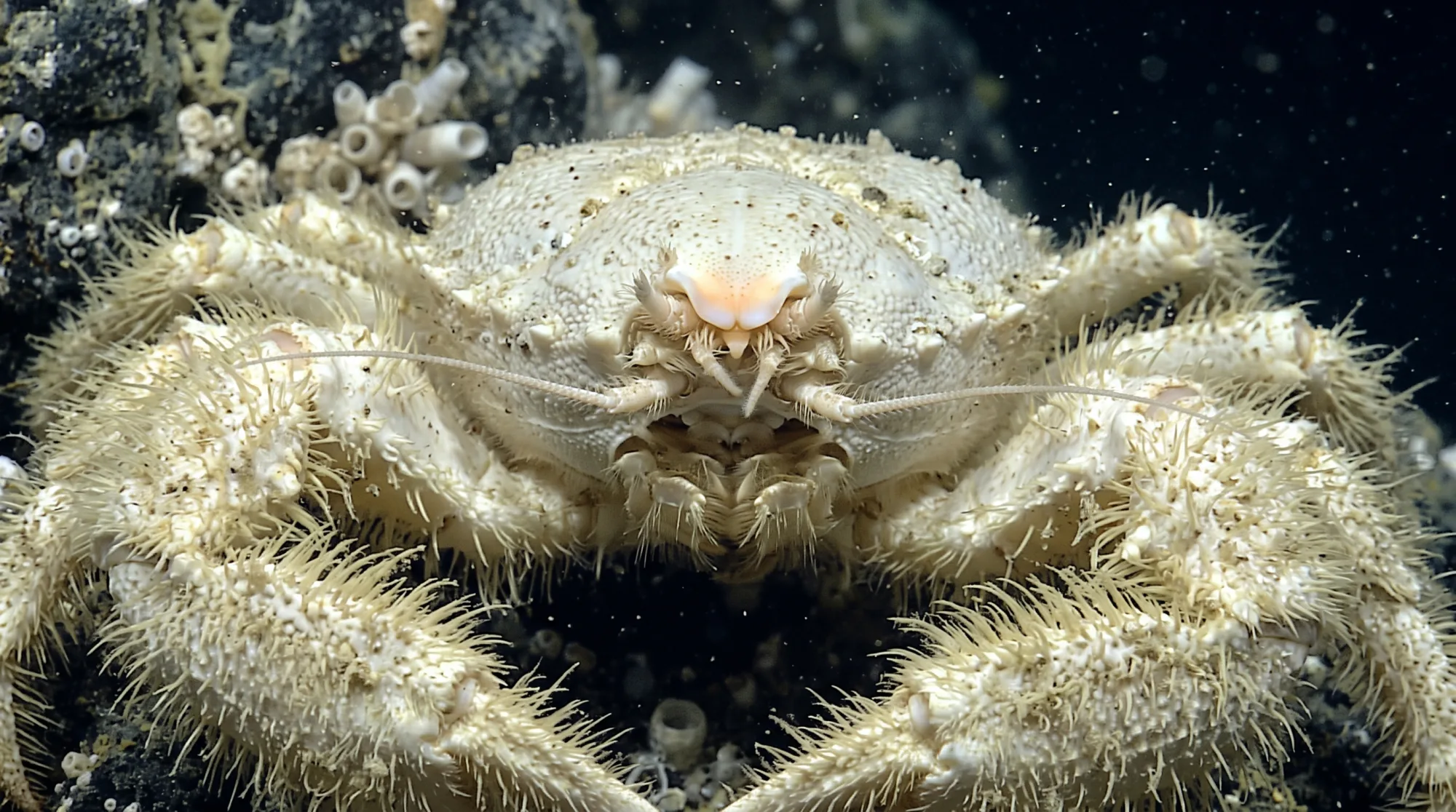 Cangrejo yeti con patas pálidas y peludas y piezas bucales anaranjadas sobre un fondo rocoso oscuro rodeado de pequeños gusanos tubícolas blancos
