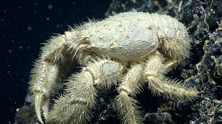 Cangrejo yeti con patas y pinzas pálidas y peludas aferrado a un fondo rocoso oscuro, rodeado de pequeñas criaturas marinas en aguas profundas