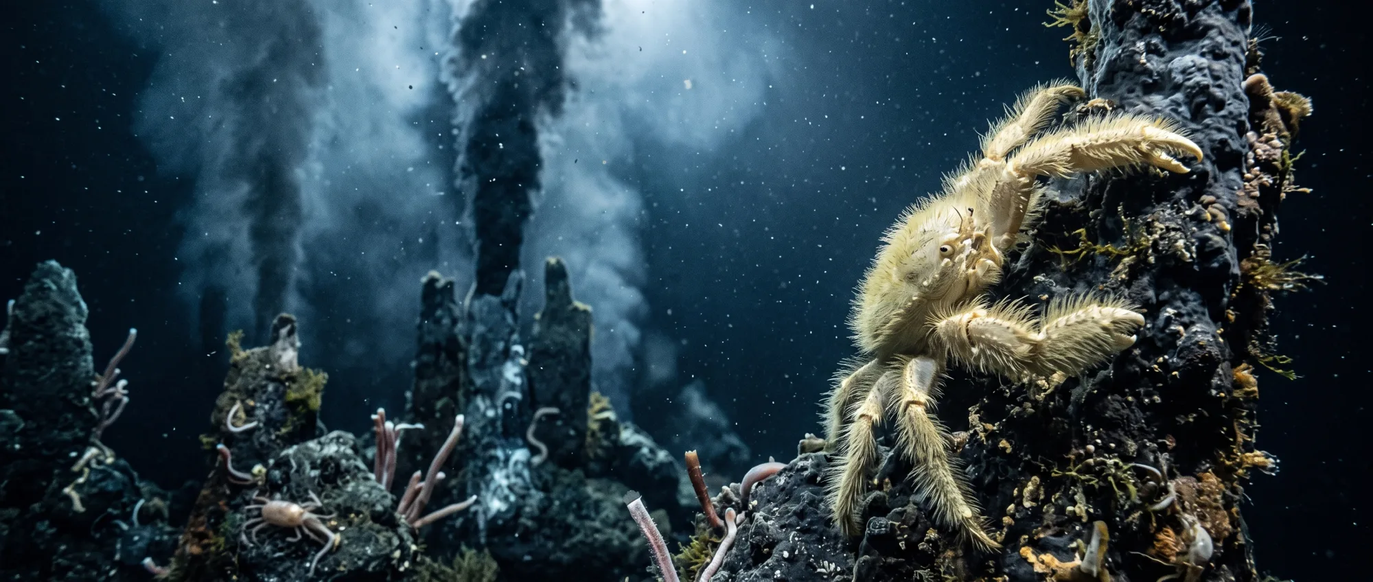 Cangrejo yeti pálido y peludo agarrado a una fuente hidrotermal humeante en las profundidades